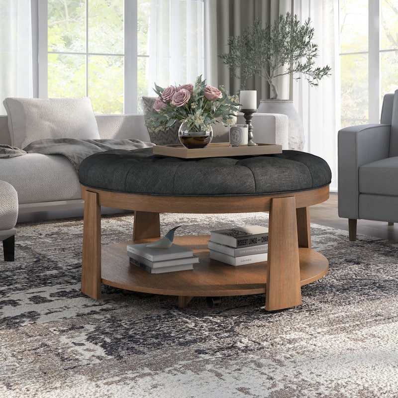 Geoffrey Transitional Round Natural Wood Open-Shelf Tufted Ottoman with Wheels by Furniture of America - Dark Grey