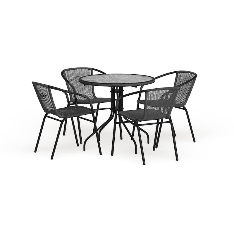 28'' Round Glass Metal Table with Rattan Edging and 4 Rattan Stack Chairs - Brown