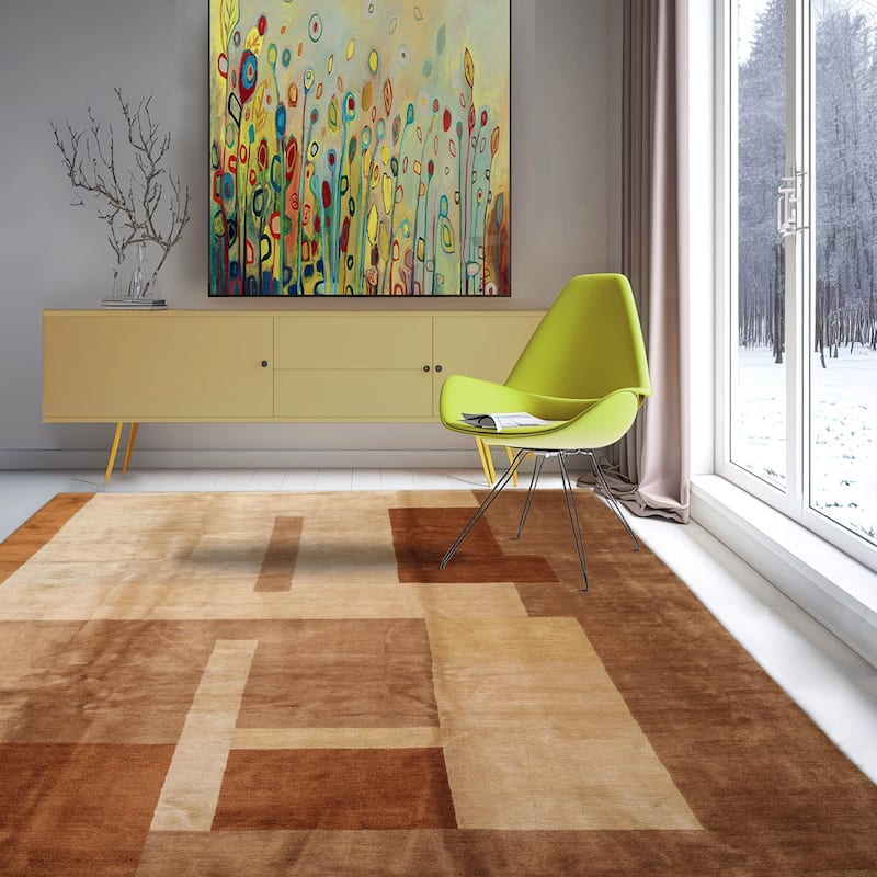 Hand Knotted Beige Tibetan Wool & Silk Modern Oriental Area Rug - 9' x 11' 11''