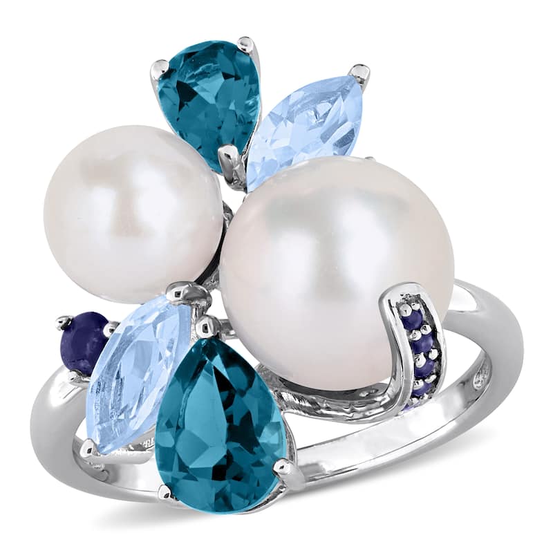 Miadora Cultured Freshwater Pearl and Gemstone Cluster Ring Sterling Silver - Blue - 7