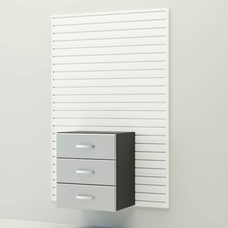 34 Piece Slatwall Panel, Cabinet, Hook, Bin, Shelf and Workstation Storage Set - White Slat Wall/Silver Cabinet