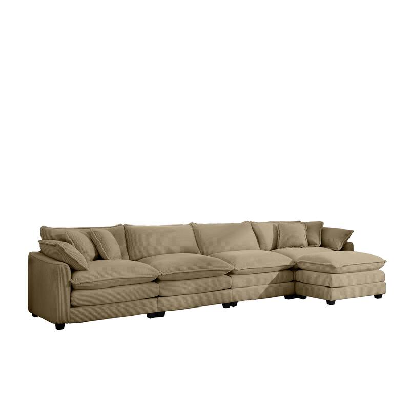 Tan 150" Corduroy Cloud Upholstered Modular L-Shaped Sectional Sofa with Removable Ottoman and Free Combination Design