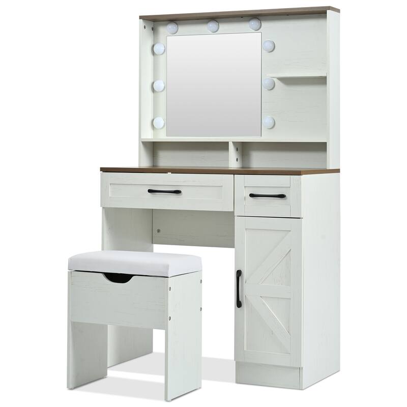 Farmhouse Makeup Vanity Desk with Mirror and Lights, 3 Lighting Modes, Vanity Set with Stool, Dressing Table