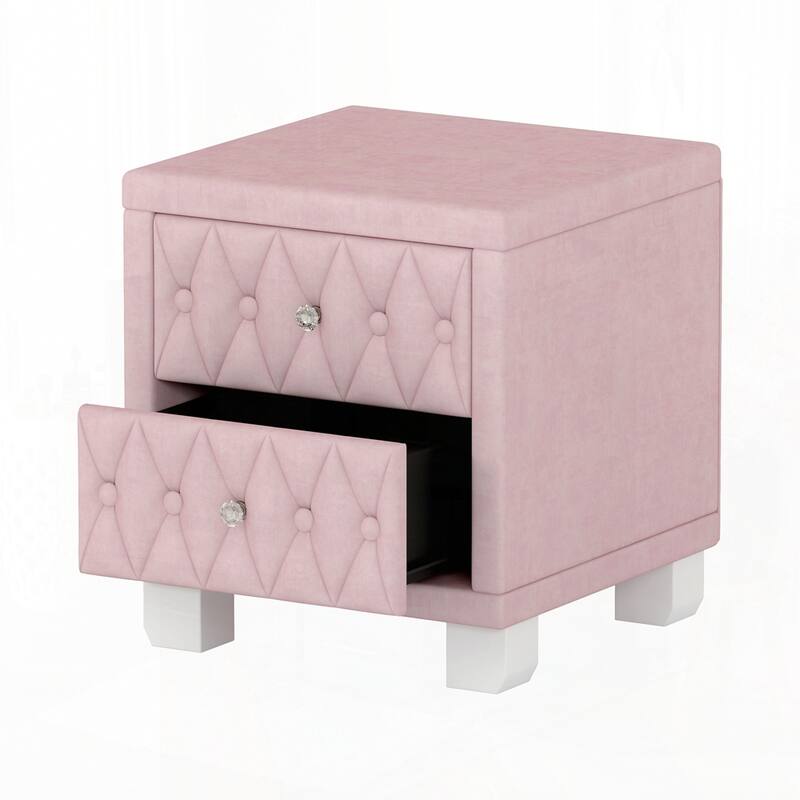 Elegant Velvet Nightstand with 2 Drawers and Crystal Handle