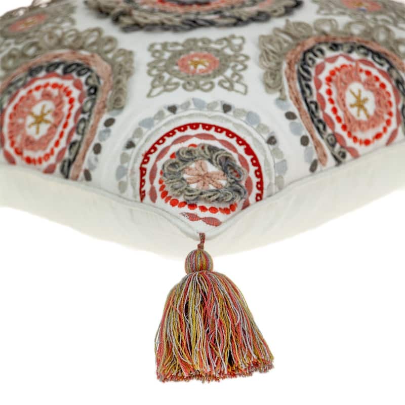 HomeRoots 18" Red and White Floral Cotton Throw Pillow With Embroidery, Tassels