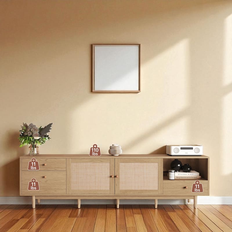 Boho TV Stand with Real Rattan Doors, 76 Inch Entertainment Center for TVs Up to 85", Wood Media Console with Storage