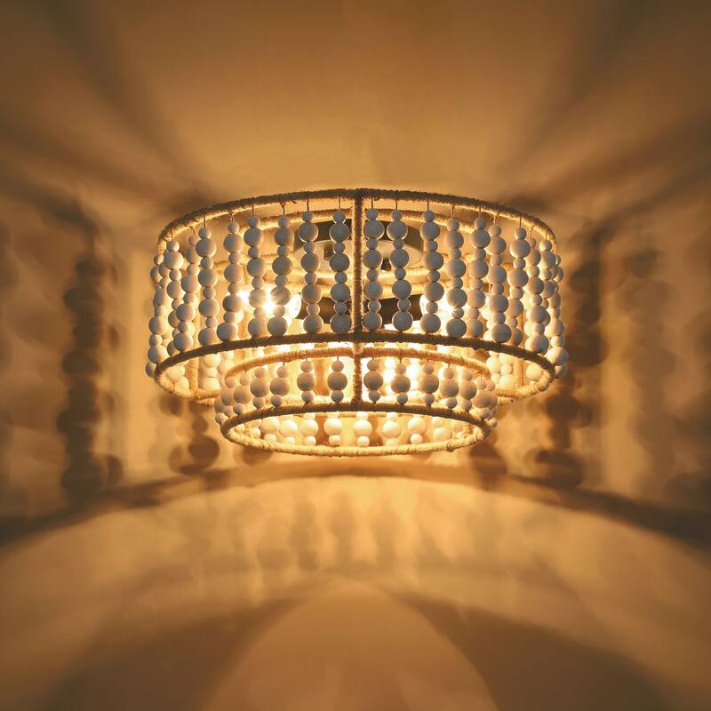 Keronue 3-light Farmhouse Wood Beaded Flush Mount Ceiling Lights