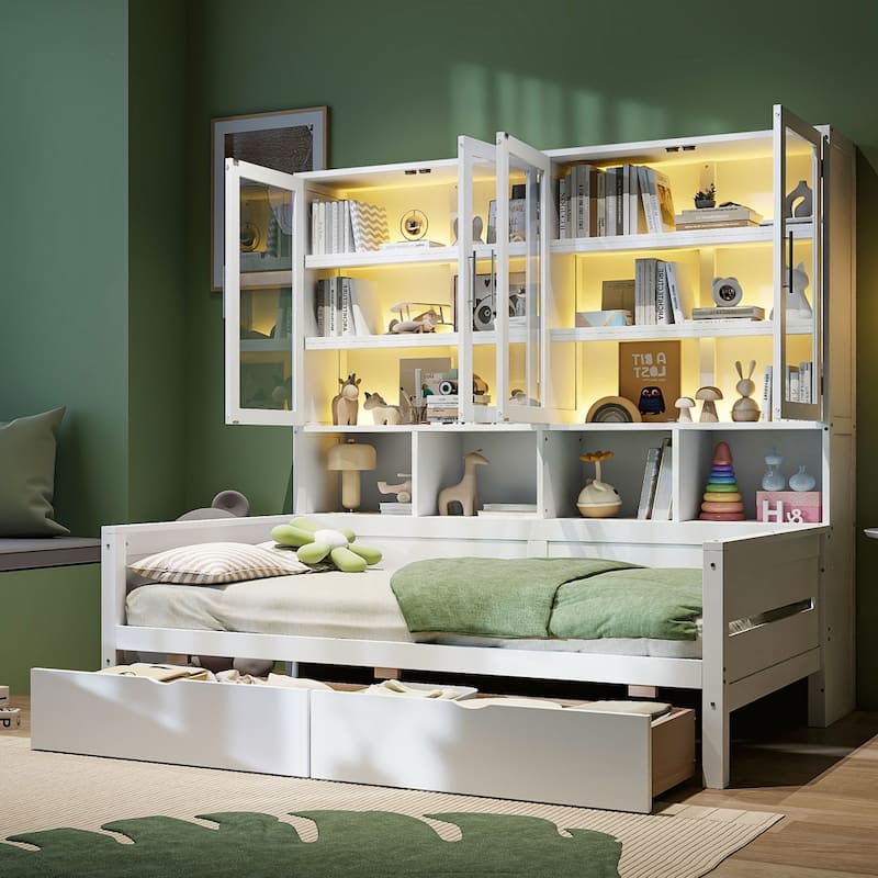 Wooden Daybed with Glass-Door Storage Cabinets and Built-in LED Lighting