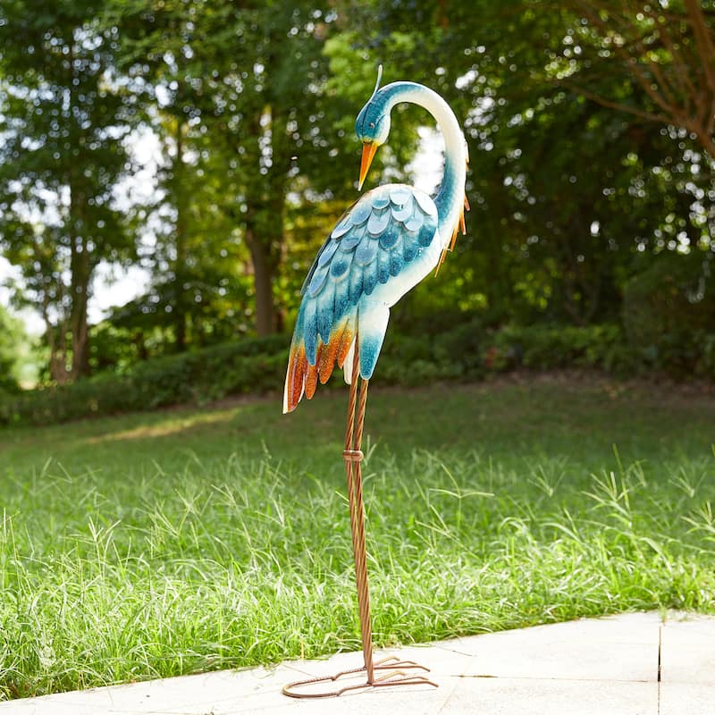 Glitzhome Metal Standing Crane Flamingo Garden Statue with Stakes Yard Art Sculpture Porch Decor