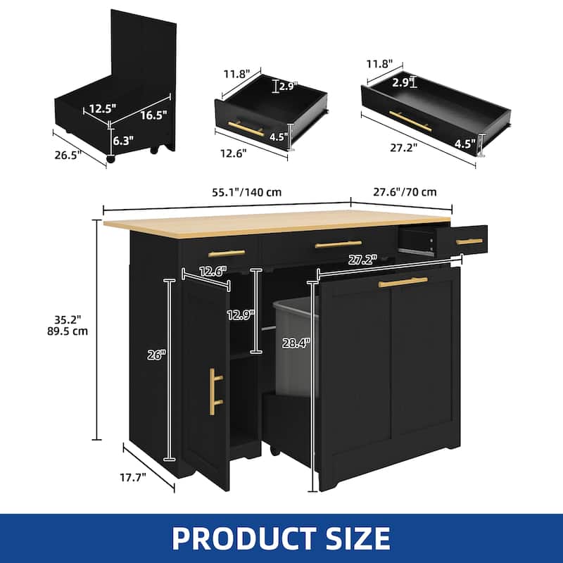 Moasis 55-inch Drop Leaf Kitchen Island With Pull Out Trash Can Storage Cabinet