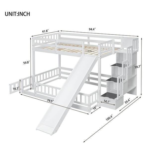 Twin Over Full Bunk Bed with Slide and Storage Staircase