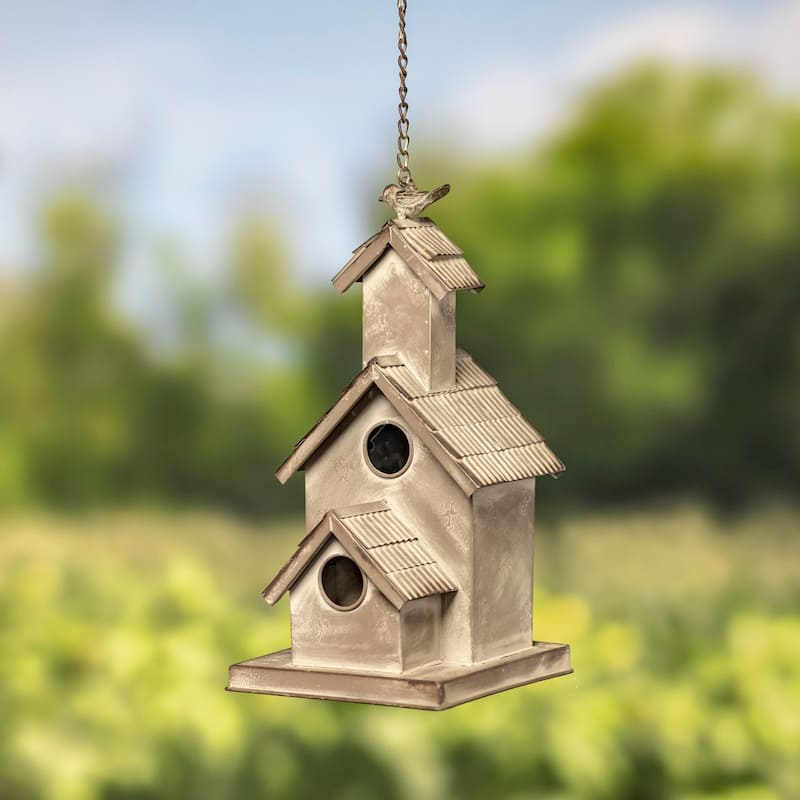 Hanging Galvanized Birdhouse "School House" - 8.25"X7.875"X15.75"H/ 29"TH