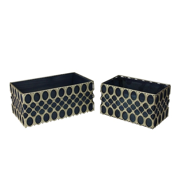 Set of 2 Blue and Gold Geometric Metal Trim Rectangular Indoor Planter 12" - N/A