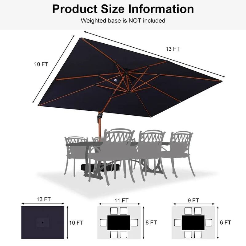 PURPLE LEAF 10 x 13ft Double Top Deluxe Wood Pattern Rectangle Patio Cantilever Umbrella with Base outdoor
