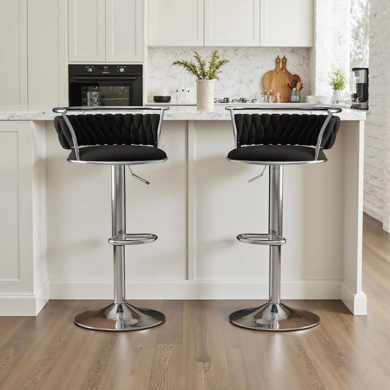 Velvet Upholstered Adjustable Bar Stool Swivel Counter Chair Set of 2 - Black/Silver - Set of 2