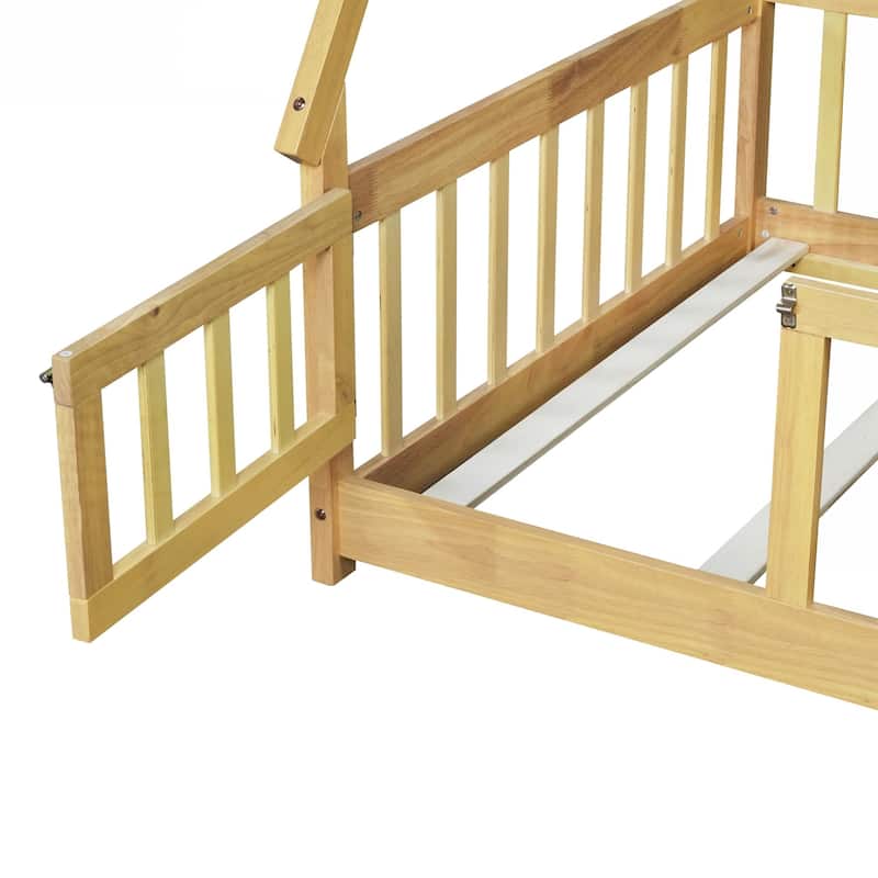 Twin Tent-shaped Floor Bed,Teepee Bed with Guardrails,Slats and Door