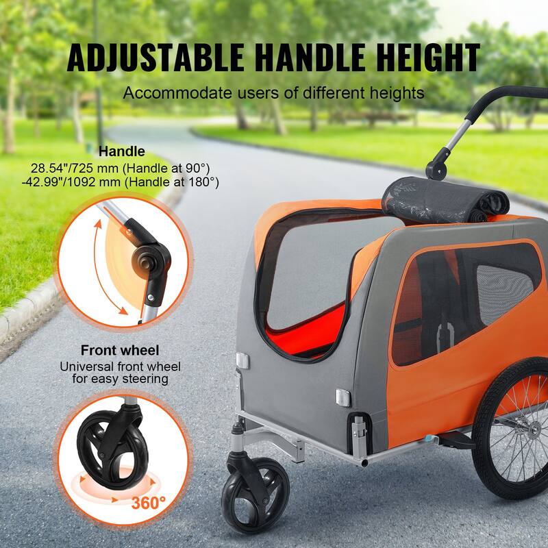 Orange-Grey Steel Pet Stroller Trailer, 2-in-1, Foldable, 66lb Max Capacity - 30.1" L x 21" W x 20.8" H