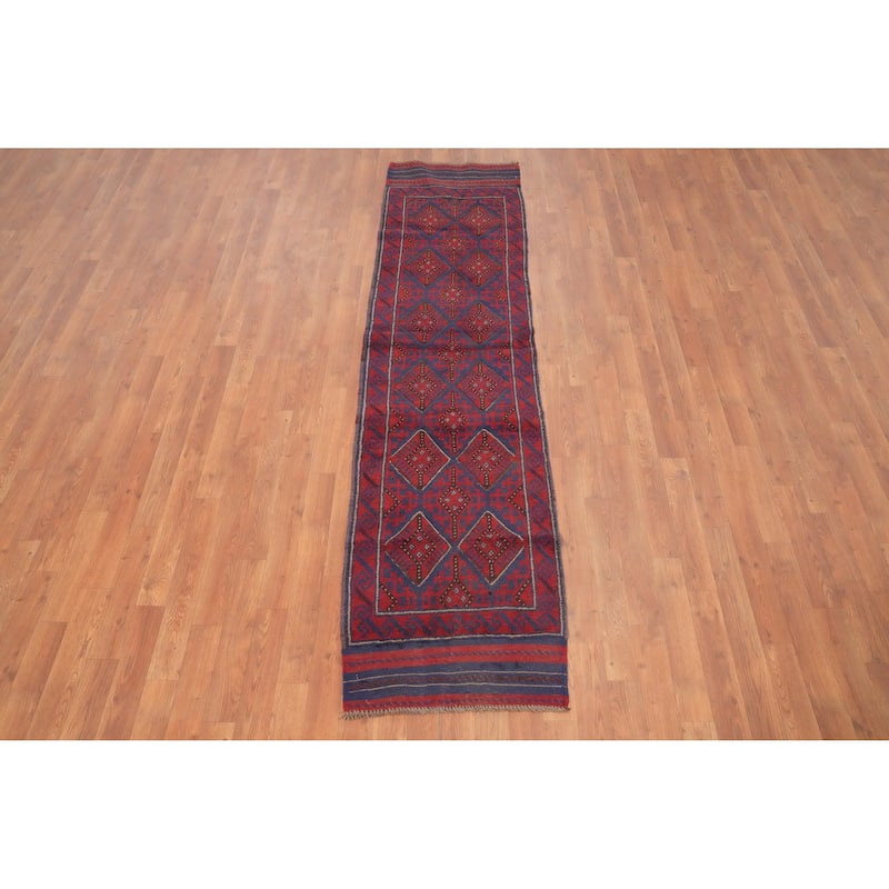 Hand Knotted Oriental 100% Wool Carpet Traditional Tribal Navy Blue & Blues Balouch Runner Rug - 8' 1'' X 2' 0''