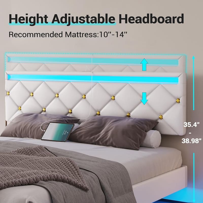 Floating Bed Frame LED Lights USB Ports Low Profile Faux Leather