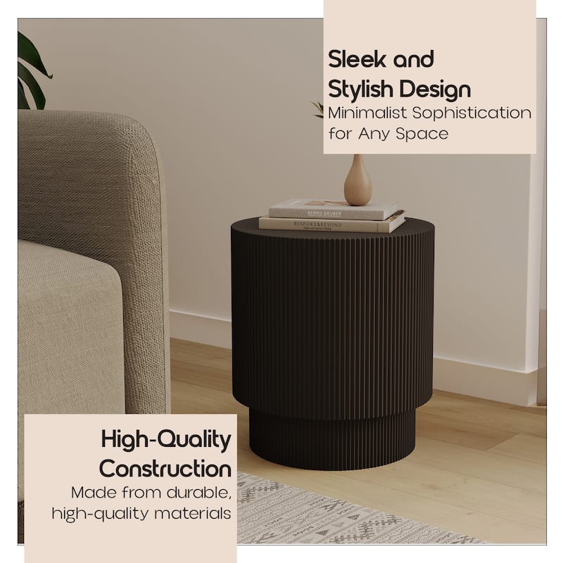 Eden Modern Wide Round Fiberstone Side Table with Accent Ribbed Design End Table for Living Rooms, Patios, and Gardens