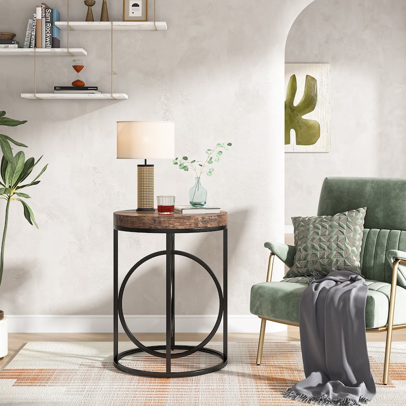 20 in. Marble White Round Wood End Table with Gold O-shaped Base