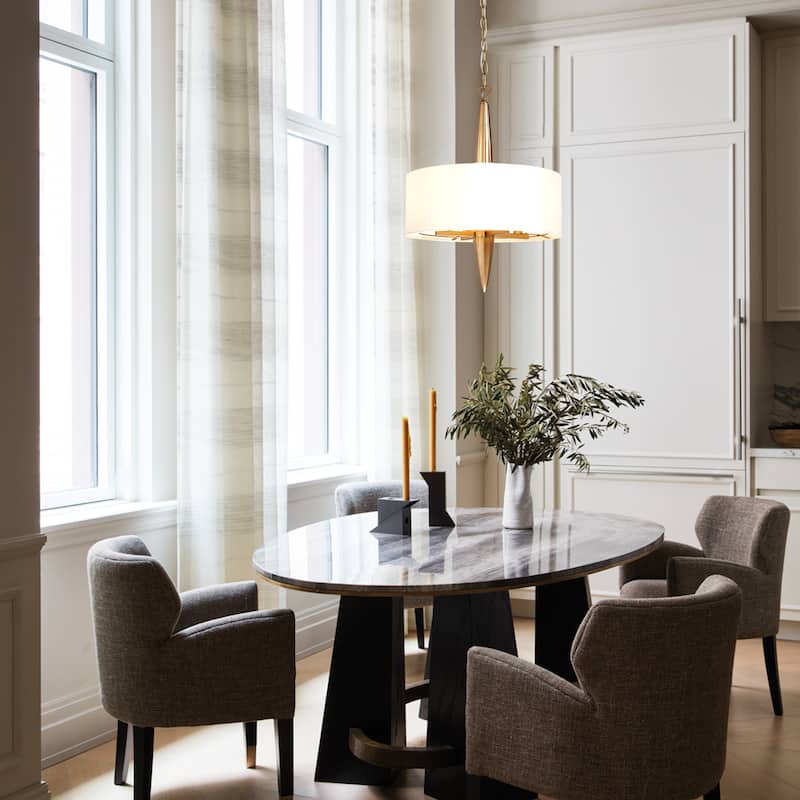Mid-Century Modern 4-light Drum Brass Chandelier Fabric Shade Hanging Lights for Dining Room - D16" x H80"