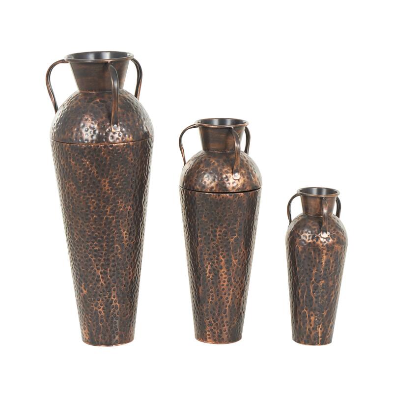 Metal Tall Floor Weathered Amphora Vase with Hammered Details and Handles - Set of 3 Copper - Roche River Decor