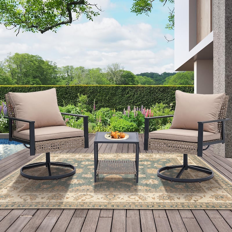 Ainfox 3 Pieces Patio Outdoor Furniture Set with Coffee Table, PE Wicker Swivel Rocking Chairs - Khaki