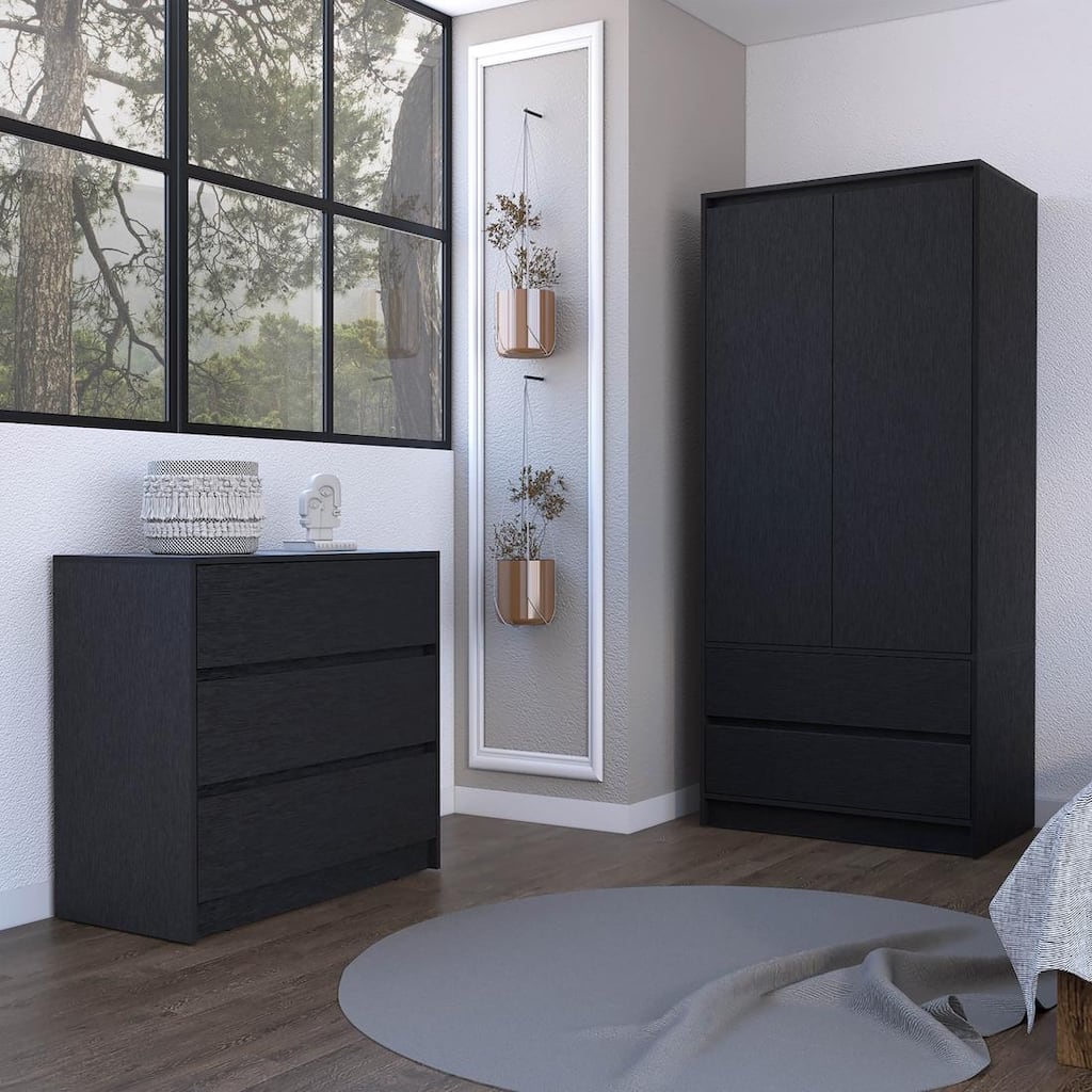 2 Piece Wooden Bedroom Set with 3 Drawer Dresser and Double Door Armoire