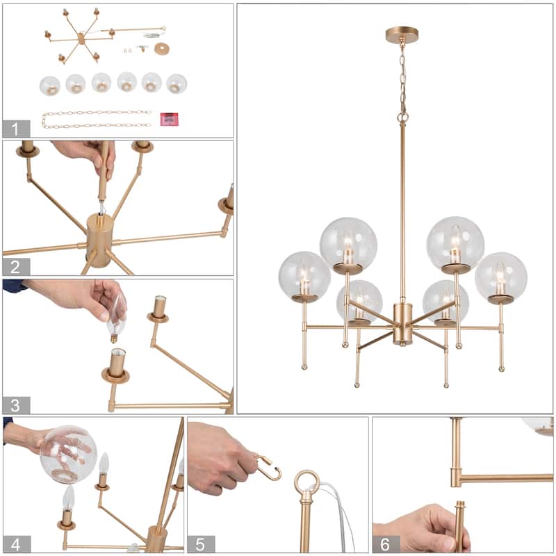 Koini Mid-century Modern 6-light Orb Glass Chandelier Wheel Hanging Lights for Dining Room - D26'' x H90''