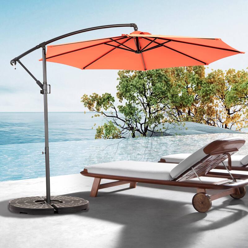 Hanging Patio Umbrella Polyester Parasol with Tilt Adjustment 8 Ribs, for Backyard Poolside - (Dark Green) - Orange