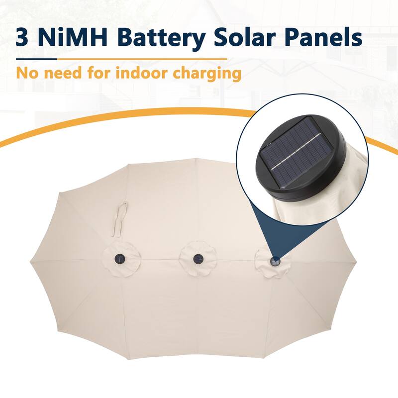 15 Ft Outdoor Solar Detachable Lights Rectangular Crank Market Umbrella with Base