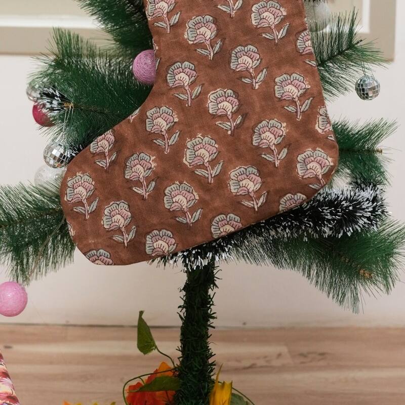 Fabdivine Linen or Cotton Hand Block Home Decorative Christmas Stockings - 16"X6.5" - Rohini- Brown, Pink, Blue - Christmas Stockings