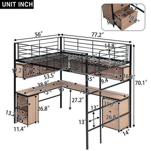 dimension image slide 1 of 2, Minimalist Style Full Size Metal Loft Kids Bed with Bookcase,Desk,Ladder,Guardrail and Cabinet