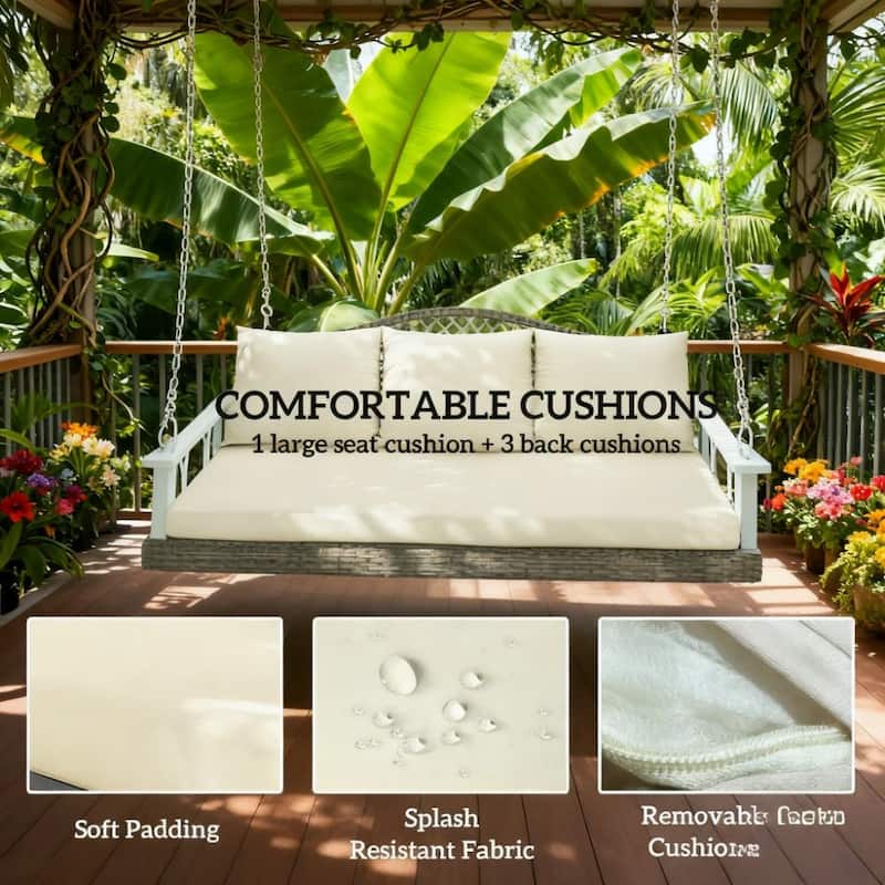 GDFStudio - Theodore Three-Person Hanging Porch Swing with Woven Frame and Comfort-Focused Design - Swing Bench