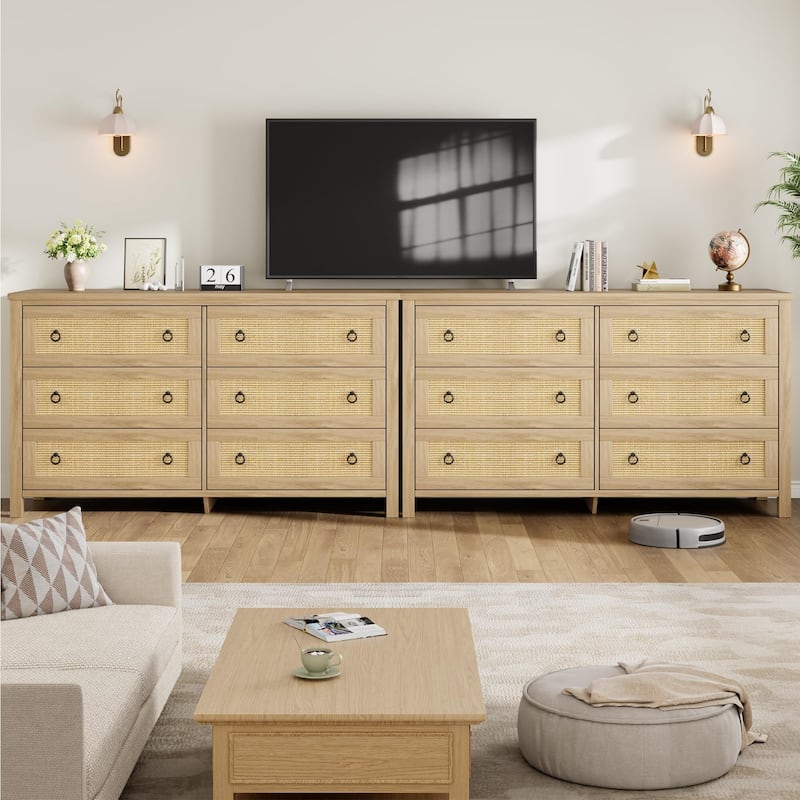 Boho Wide Drawer Dresser with Storage, Wooden Closet Dressers Chest of Drawers Freestanding for Bedroom