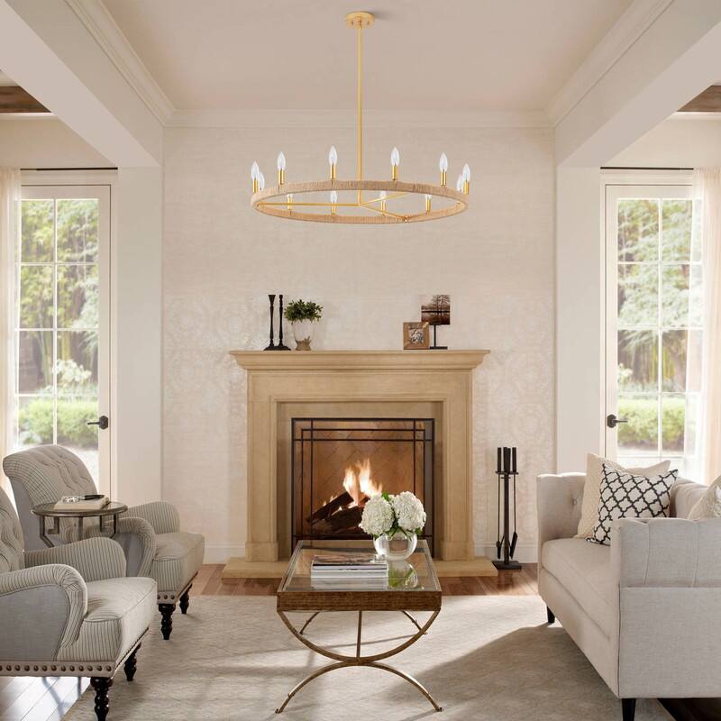 KAWOTI 12-Light Rustic Wagon Wheel Chandelier with Jute Wrap - W36.5" x H46.4"