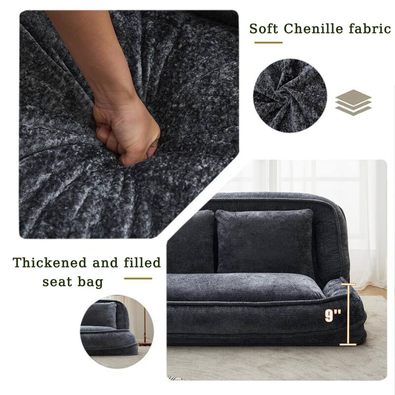 Pet Friendly Lazy Loveseat Sofa 2-in-1 Chenille Floor Couch Double Human Sleeper Bed with 5 Adjustable Position, Plump Pillows