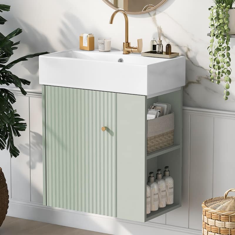 Wall-Mounted Bathroom Vanity Small Space Floating Cabinet with Sink, Wave-Patterned Door, Metal Handle and Right Side Storage - Green
