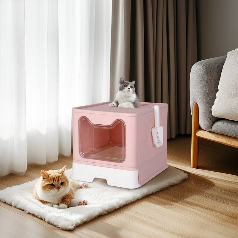 Cat Litter Box with X-Large Litter Mat and Scoop, Large Foldable Litter Box with Lid, Enclosed Kitty Box,Front Top Entry Exit