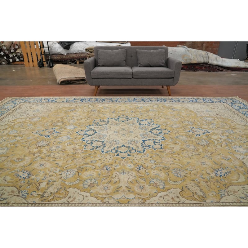 Hand Knotted Oriental 100% Wool Carpet Traditional Floral Yellow & Gold Kerman Area Rug - 13' 5'' X 9' 3''