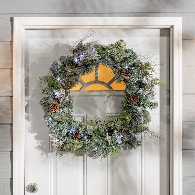 32 in PreLit Snowy Mixed Pine Wreath with Pine Cones and Twig and Cedar Accents - Green