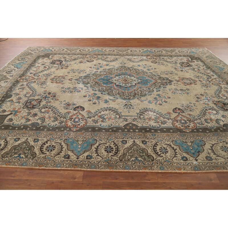 Distressed Tabriz Persian Rug Handmade Floral Wool Carpet - 9'5" x 12'4"