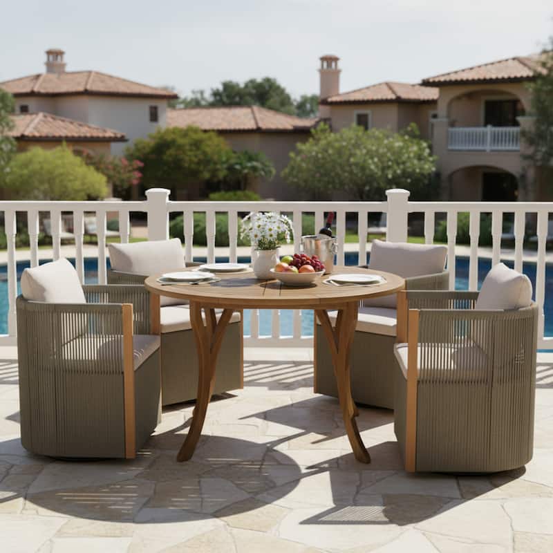 Christopher Knight Home - Faye 5-Piece Outdoor Acacia Wood Swivel Dining Set with Rope Cushioned Chairs & Curved-Leg Round Table - Teak Finish+Light Grey+Beige