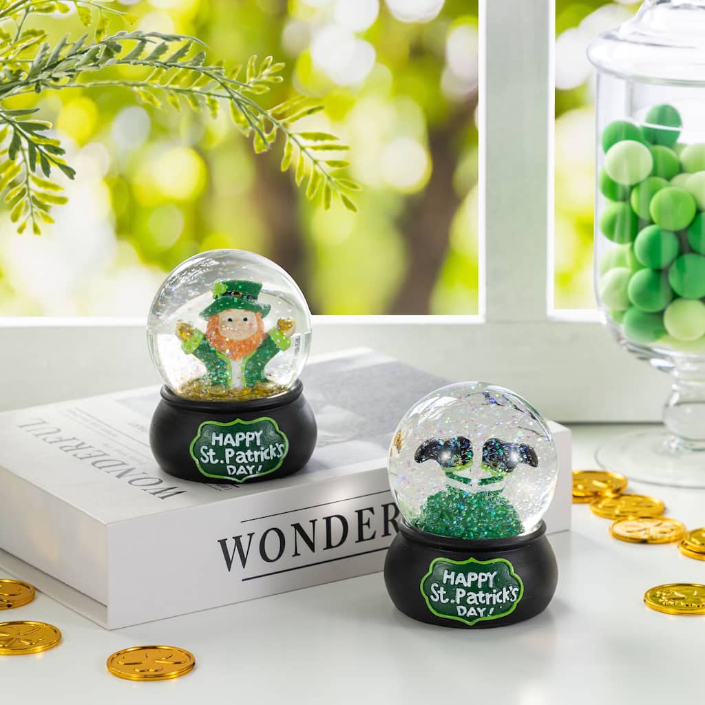 Glitzhome 3.5"H Set of 2 65mm St.Patrick's Resin Leprechaun Waterglobes