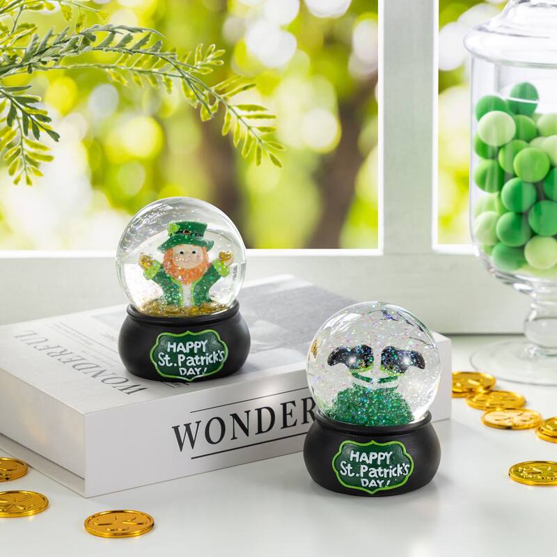 Glitzhome 3.5"H Set of 2 65mm St.Patrick's Resin Leprechaun Waterglobes