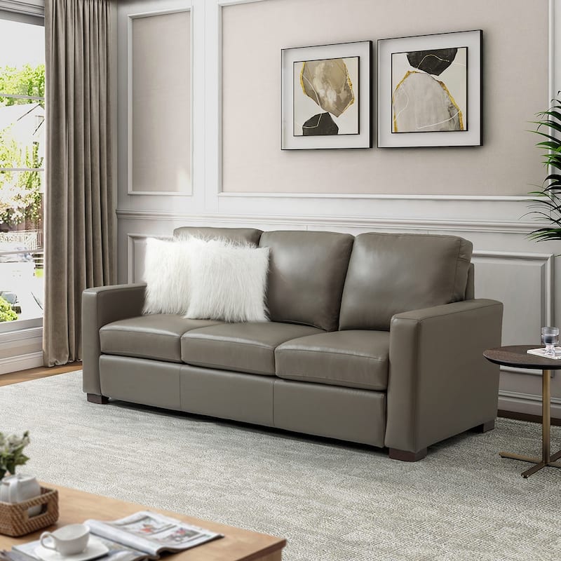 Ernando 83.46" Wide Genuine Leather Sofa with Squared Arms and Pillows
