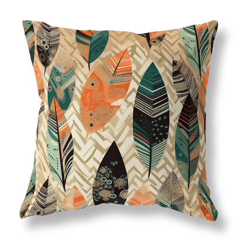 Orange And Green Leafy Mirage Faux Suede Throw Pillow Zipper