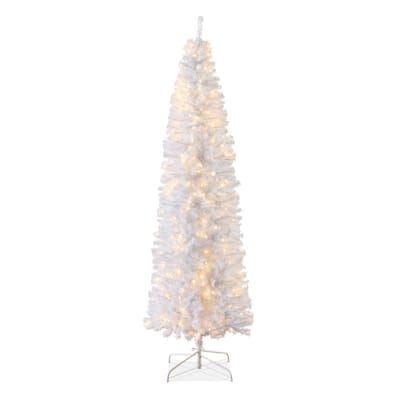 Pre-Lit White Pencil Christmas Tree w/ Metal Base, Incandescent Lights