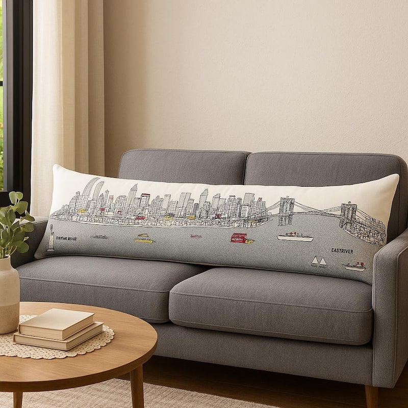 HomeRoots 14" X 46" Cream NYC Daylight Skyline Lumbar Decorative Pillow
